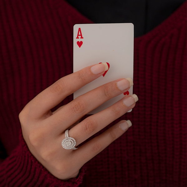 18K White Gold Diamond Oval Cluster Halo Bridal Ring