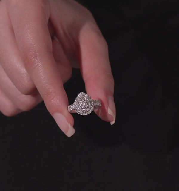 18K White Gold Diamond Pear Cluster Halo Bridal Ring