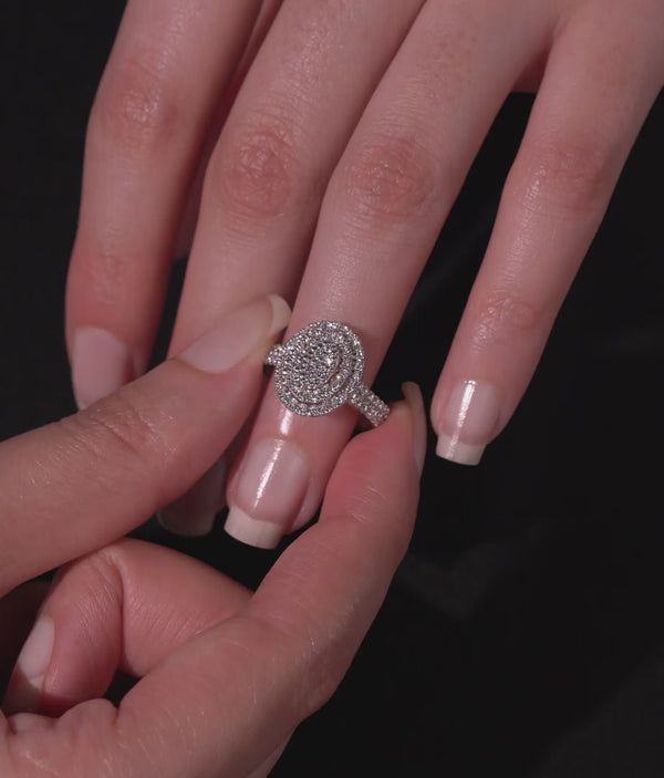 18K White Gold Diamond Oval Cluster Halo Bridal Ring