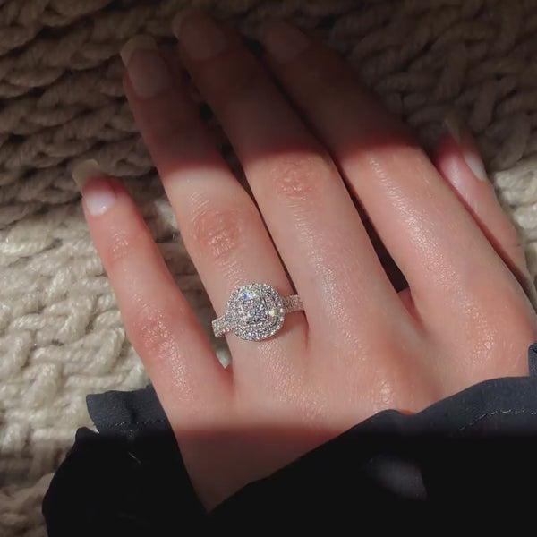 18K White Gold Diamond Cushion Cluster Halo Bridal Ring